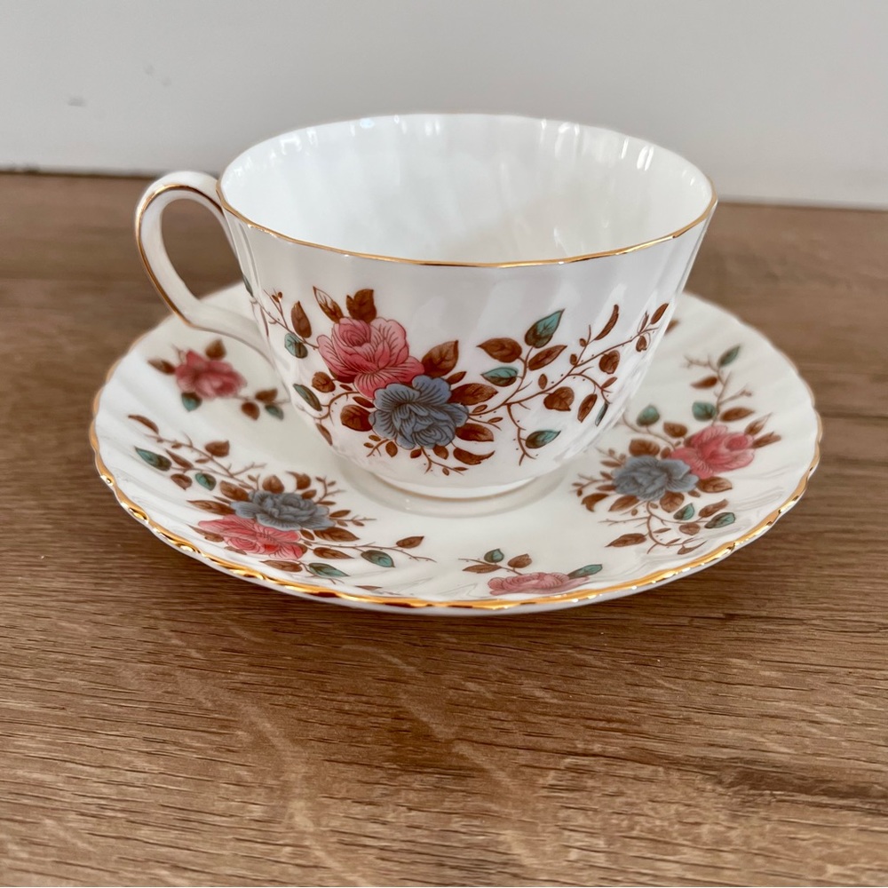 Vintage England Adderley “Heritage” Pink Blue Rose Trio Swirl TeaCup‎ & Saucer
